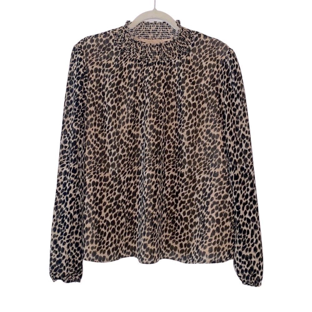 J. Crew Aminal Print Ruched Mock Neck Gathered Sleeve Lined Blouse L‍‍‍‍‍‍‍﻿﻿﻿﻿﻿